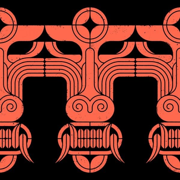 Symmetrical orange geometric tribal-style patterns with fanged mouths on a black background.