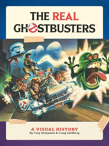Book cover for The Real Ghostbusters: A Visual History featuring characters and the Ecto-1.