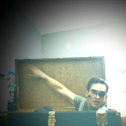 A person wearing an eye patch sits inside an open vintage trunk.