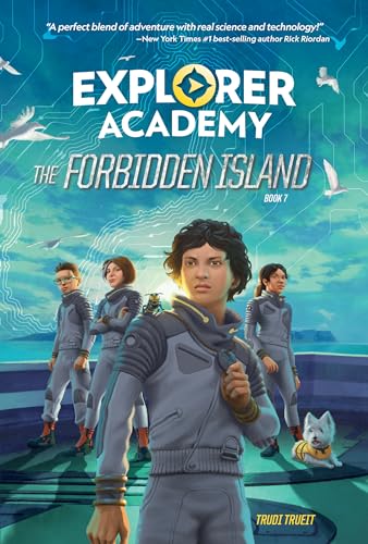 Book cover: young explorers on a futuristic island with a dog.