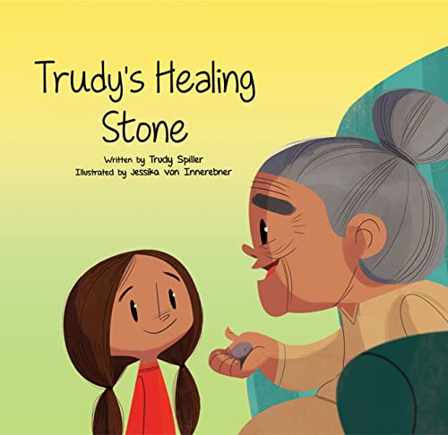 Book cover: elderly woman with child, holding a grey stone.