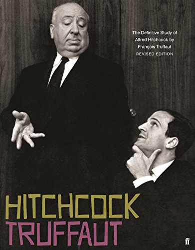 Black and white cover showing Alfred Hitchcock talking to François Truffaut against wood paneling.