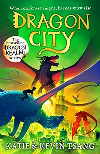 Book with colorful dragon illustrations, fantasy scenes, and youthful protagonist on the cover.