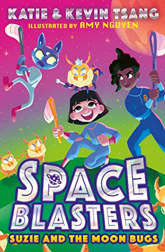 Children with alien bugs on a colorful, starry space background.