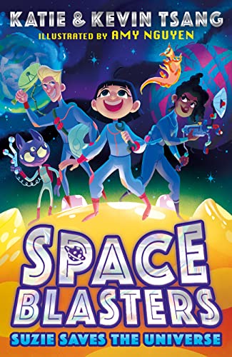 Colorful illustration of children and a cat in spacesuits on a planet.