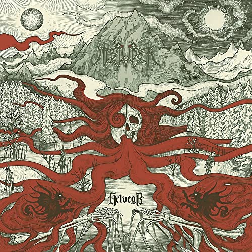 Black and white illustration of mountains, a skull, and red tendrils.
