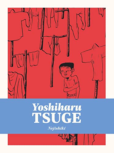 Red illustration of a boy among clotheslines, book cover for “Nejishiki.”