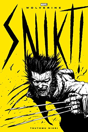 Black and white illustration of Wolverine with claws extended against a bright yellow background.