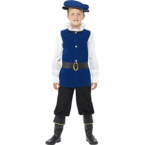 Boy in a royal blue Tudor costume with hat and boot covers.