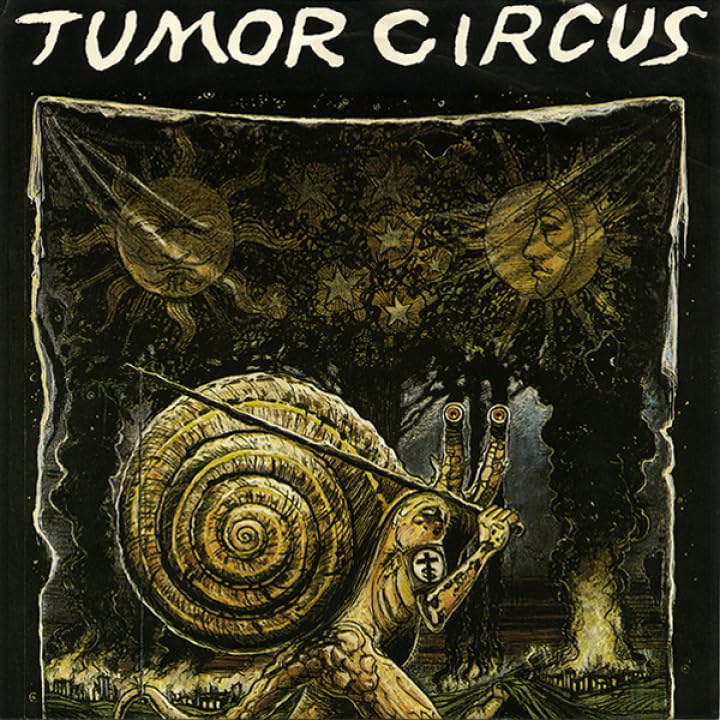 Dark album cover with a snail, moons, and a twisted tree illustration.
