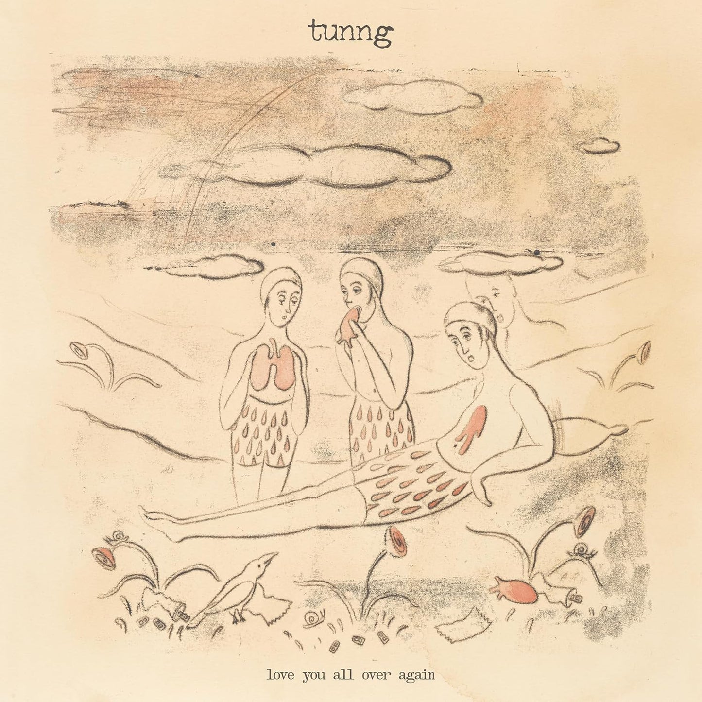 Line drawing of three figures with exposed organs in a surreal, dreamlike landscape.
