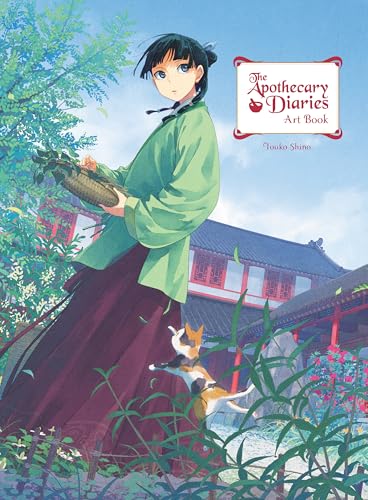 A young woman in traditional clothing holds a basket near a calico cat outdoors.