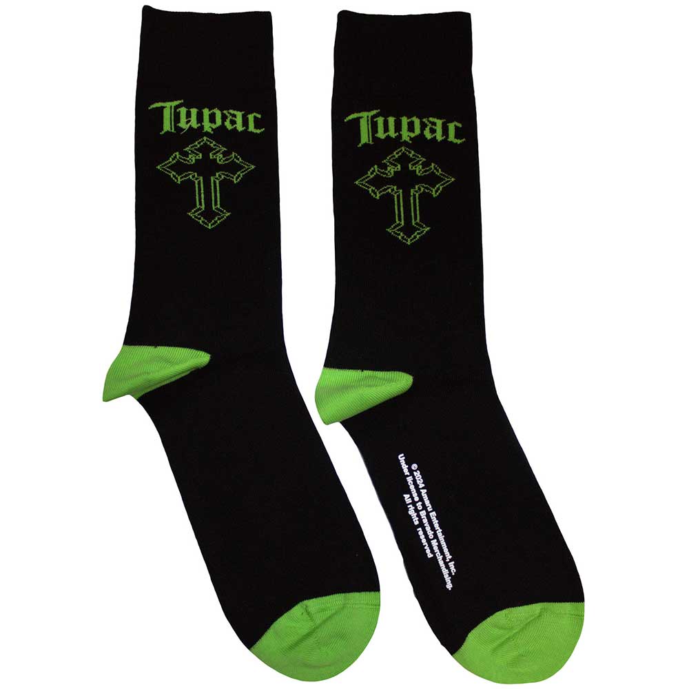 Black ankle socks with green accents and a Tupac logo design.