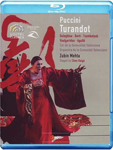 Blu-ray cover for Puccini’s *Turandot* opera featuring a singer in red.