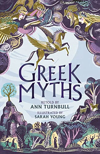 Book cover: “Greek Myths” with illustrated figures and landscapes in gold tones.