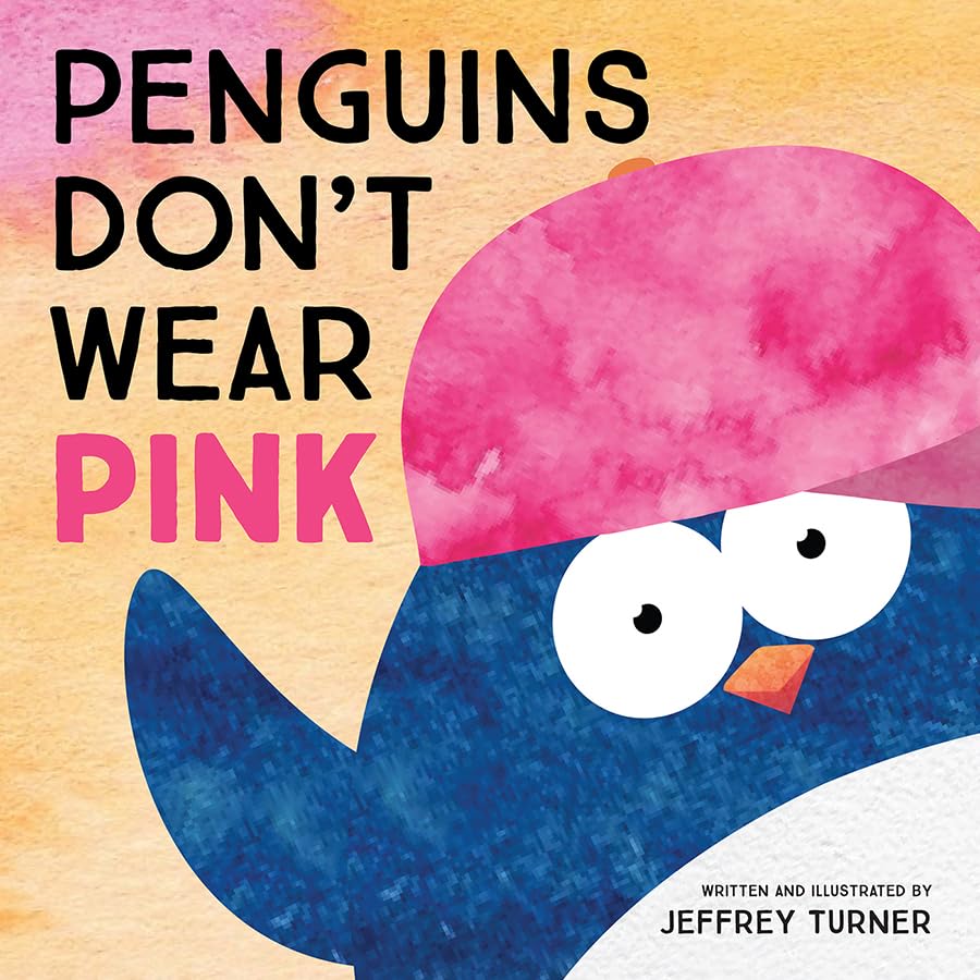 Book cover: “Penguins Don’t Wear Pink” with a blue penguin illustration.