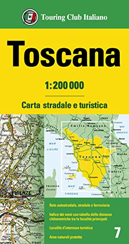 Road map of Tuscany, Italy, with detailed roads and place names.