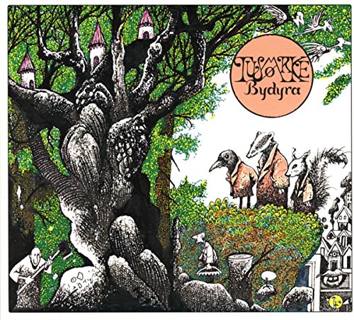 CD cover art: whimsical black and white tree with animal figures.