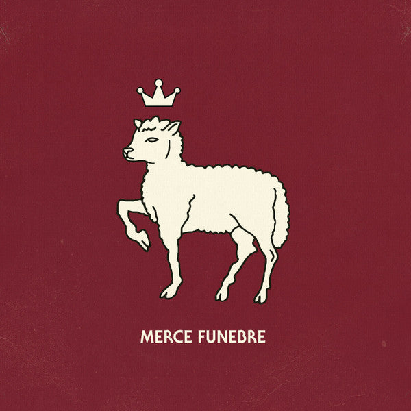 Cream-colored crowned lamb illustration on a deep red background.