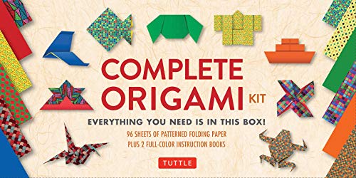 Origami kit box with colorful folded paper shapes and instruction books.