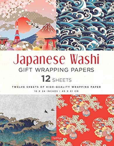 A book cover featuring Japanese patterns with text describing twelve sheets of wrapping paper.