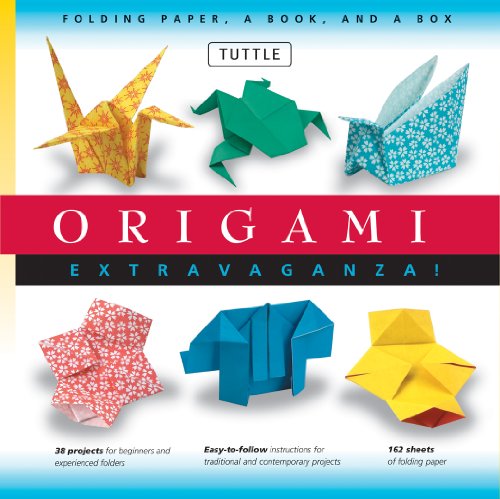 Origami kit box with images of folded paper crane, turtle, and flower.