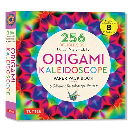 Colorful origami paper pack book with kaleidoscope patterns and folding instructions.