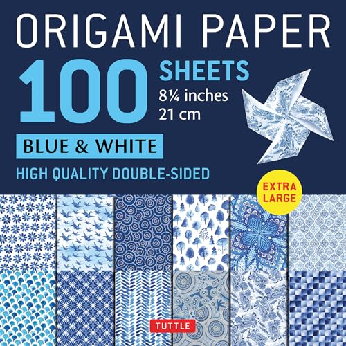 Blue and white origami paper pack with patterned sheets and a finished butterfly.