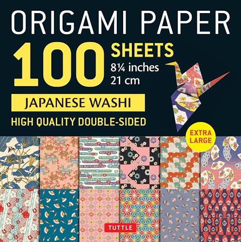 Stack of colorful, patterned origami paper with a folded crane illustration.