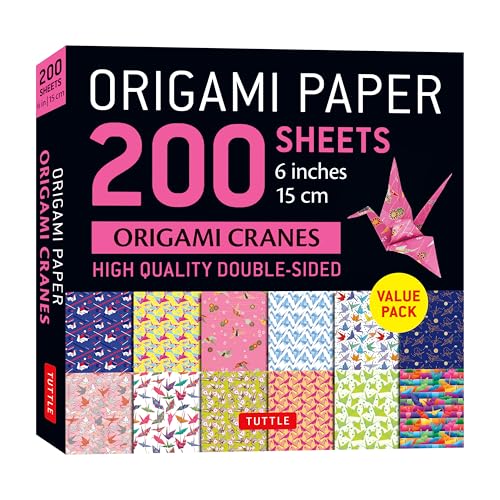 Pack of 200 double-sided origami papers with crane designs, 6 inches.