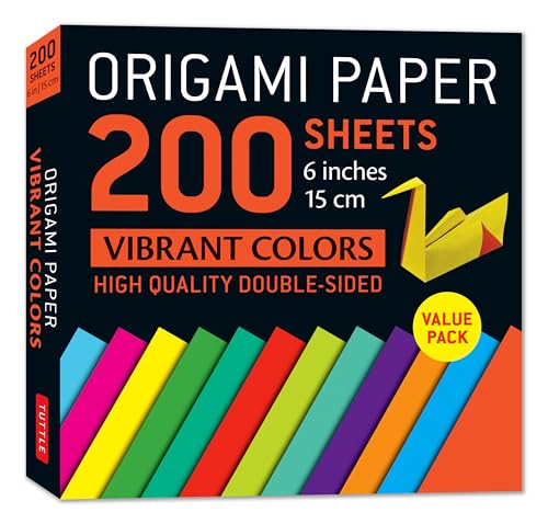 Black box of 200 double-sided origami papers in vibrant colors.
