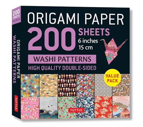 Pack of 200 double-sided washi origami papers with varied patterns.