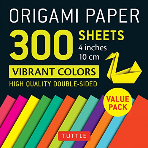 Stack of colorful origami paper with a folded paper crane.