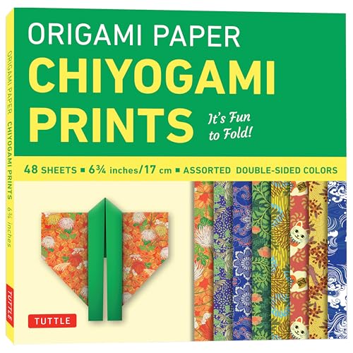 Packaging for Chiyogami origami paper featuring colorful patterned sheets and a folded paper project.