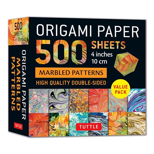 Package of 500 marbled origami papers, 10cm square, with folded example.