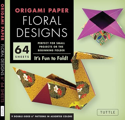 Floral origami paper pack with example folded crane and boat.
