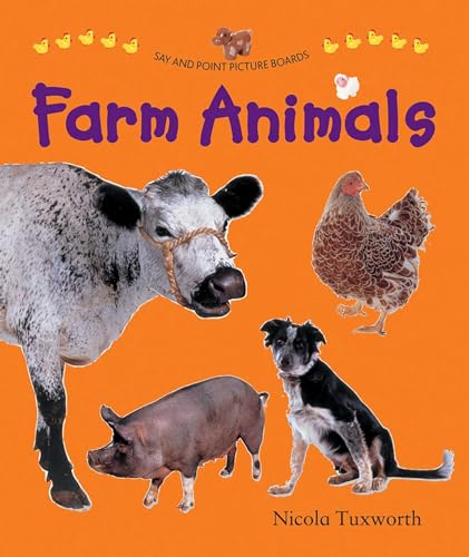 Farm Animals board book cover featuring a cow, pig, dog, and hen on orange.