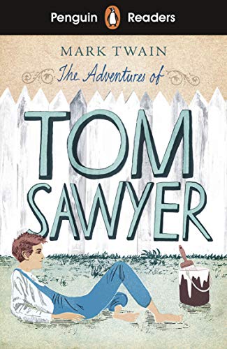 Book cover for "The Adventures of Tom Sawyer" with a boy painting a fence.