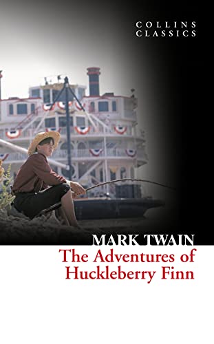 Book cover: boy with fishing rod, steamboat, “The Adventures of Huckleberry Finn.”