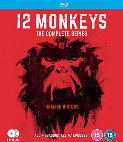 “Twelve Monkeys” Blu-ray cover featuring a distressed, red-toned monkey portrait.