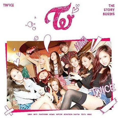 TWICE album cover featuring nine young women in a brightly lit, playful scene.