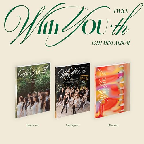 TWICE “With You-th” album covers: forest, city, and abstract paint designs.