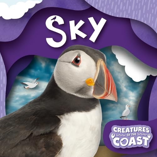 Puffin portrait with layered paper clouds and ocean background.