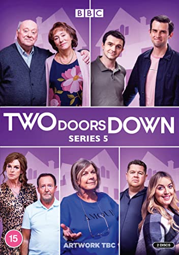 DVD cover for Two Doors Down Series 5 featuring a cast ensemble on purple background.
