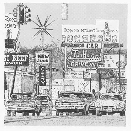 Black and white illustration of vintage cars and various roadside signs in a city.