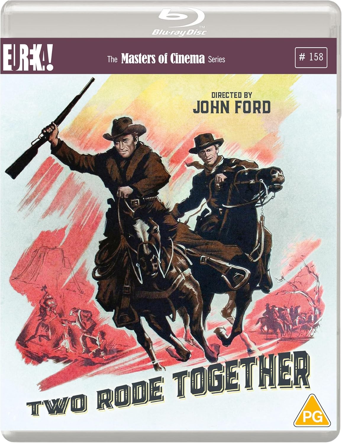 Two cowboys on horseback ride across a painted landscape on this Blu-ray cover.