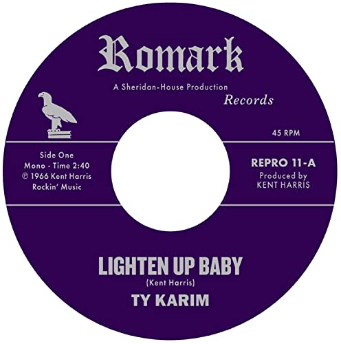 Purple 7-inch vinyl record label with text: "Ty Karim - Lighten Up Baby".