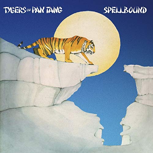 "Tygers of Pan Tang album cover featuring a tiger on a cliff against a full moon."