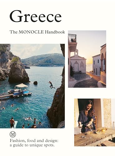 Book cover: "Greece: The Monocle Handbook" with coastal scenery and people.
