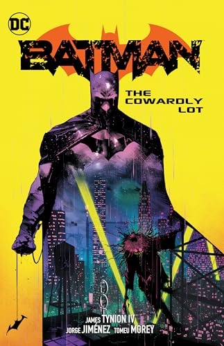 Batman comic book cover, dark figure against a vibrant yellow and city backdrop.
